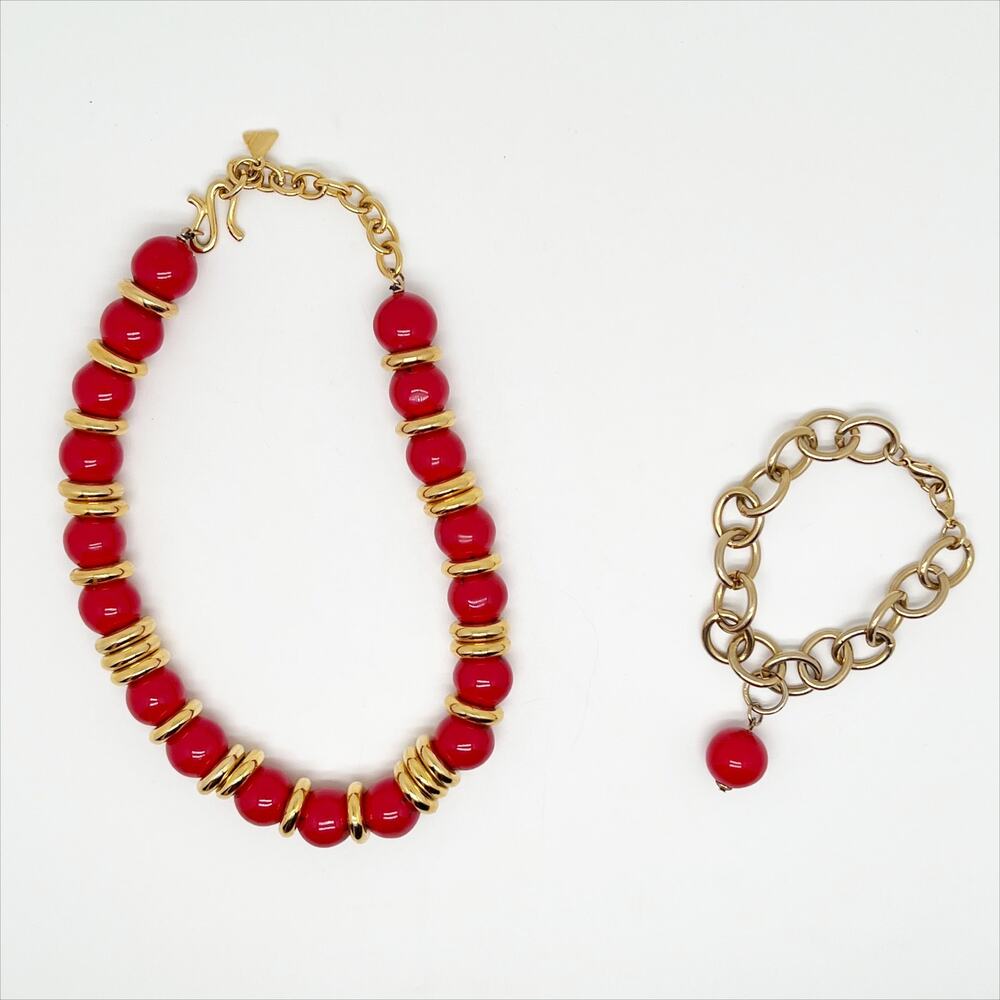 Vintage Gold Tone and Red Bead Necklace and Bracelet Matching Jewelry Set